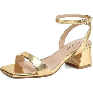 Teaieui Womens Size 9 Gold 2.25" Chunky Heel Open Square Toe Ankle Strap Shoes